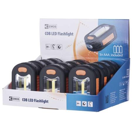 Emos LED svítilna univerzální COB LED + 3 LED, 3x AAA, magnet, hák, 12 kusů disp