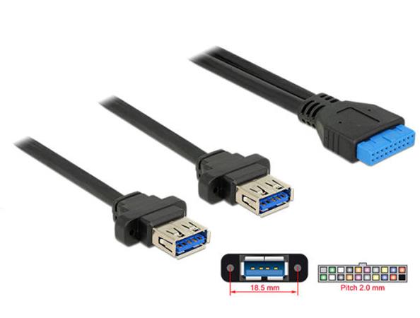 Delock Kabel USB 3.0 pin konektor samice 2,00 mm 19 pin > 2 x USB 3.0 Typ-A sami