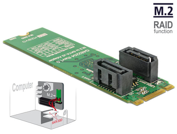 Delock Převodník M.2 Key B+M samec > 2 x SATA 7 pin samec s RAID