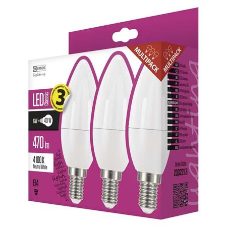 Emos LED žárovka CANDLE, 6W/40W E14, NW neutrální bílá, 470 lm, Classic, F, 3 PA