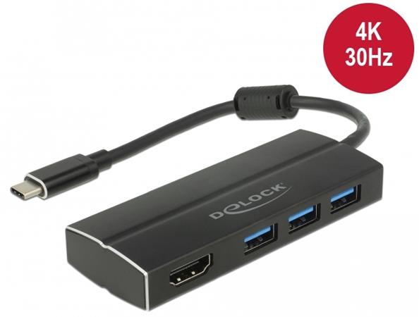 Delock USB 3.1 Gen 1 Adaptér USB Type-C™ na 3 x USB 3.0 Typ-A Hub + 1 x HDMI (DP
