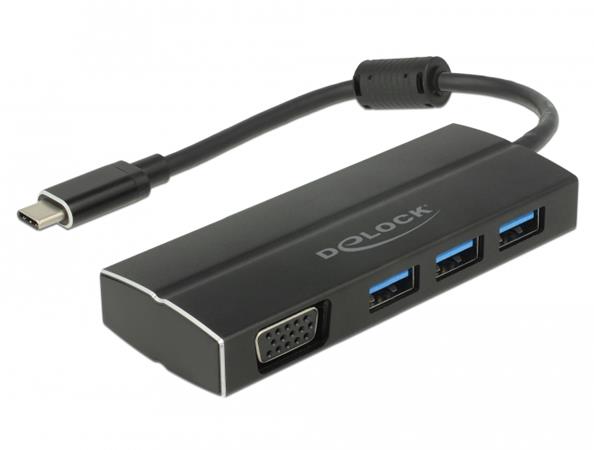 Delock USB 3.1 Gen 1 Adaptér USB Type-C™ na 3 x USB 3.0 Typ-A Hub + 1 x VGA (DP