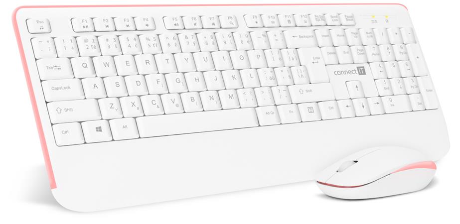 CONNECT IT Combo bezdrátová bílo-růžová klávesnice + myš, (+1x AAA +1x AA bateri