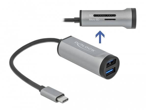 Delock Hub USB 3.2 Gen 1 se 2 porty a s připojením USB Type-C™ a slotem pro kart