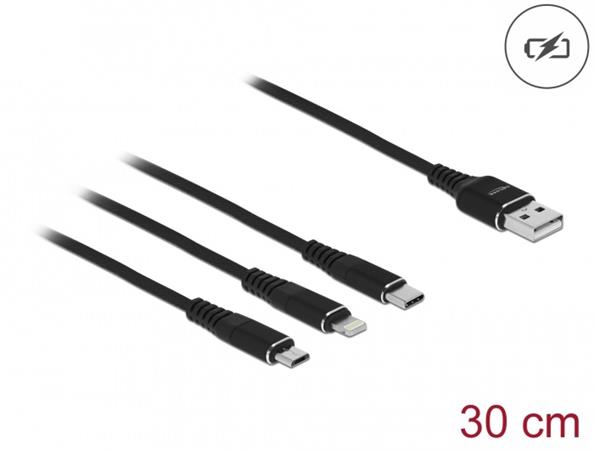 Delock Nabíjecí kabel USB 3 v 1 pro Lightning™ / Micro USB / USB Type-C™, 30 cm