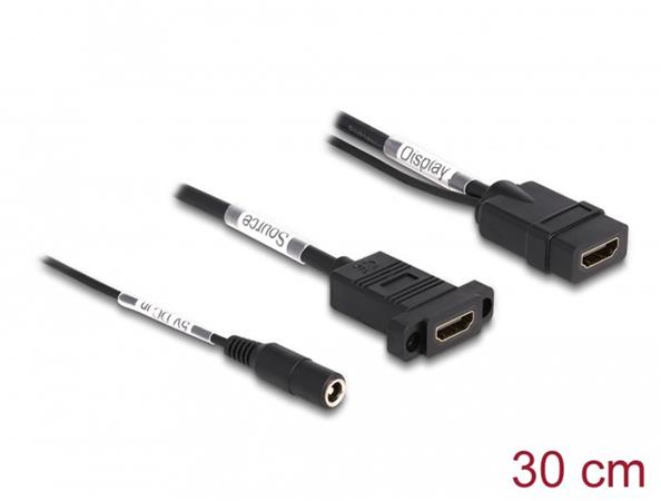 Delock HDMI kabel, 4K 60 Hz, se stejnosměrným přívodem, 2,1 x 5,5 mm, 0,30 m, pa