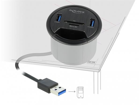 Delock 2 Port Tisch-Hub 2 x SuperSpeed USB Typ-A und Card Reader für SD und Micr
