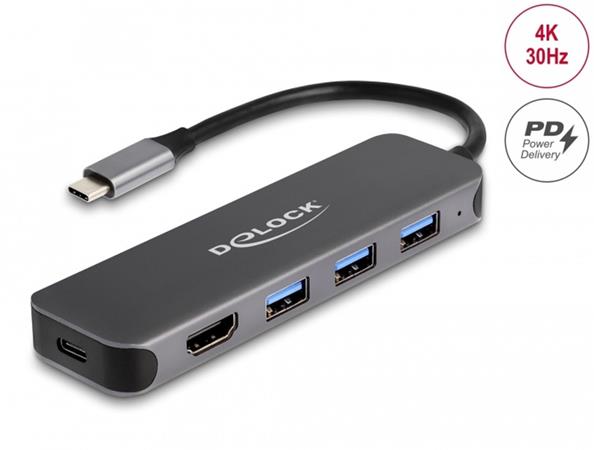 Delock 3 porty USB rozbočovač a výstup 4K HDMI s připojením USB Type-C™ a s PD,