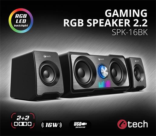 C-TECH reproduktory SPK-16, 2.2, 16W,  RGB podsvícení, 3,5mm jack, USB napájení,