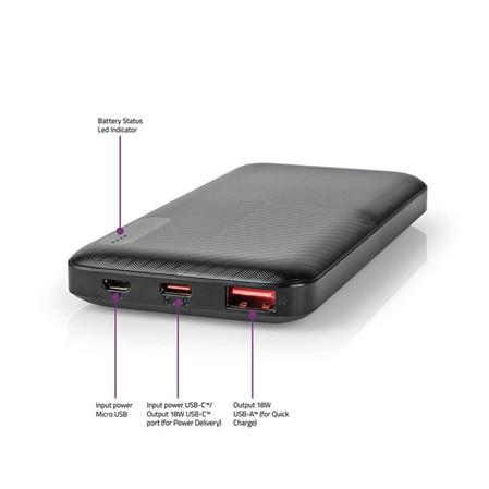 Nedis UPBKPD10000BK - Powerbanka | 10000 mAh | Výstup 1x USB-A / 1x USB-C™ | Vst