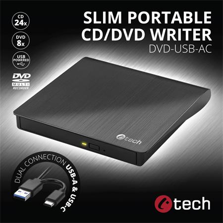 C-TECH Externí DVD vypalovačka DVD-USB-AC, USB 3.0, USB A/Type C