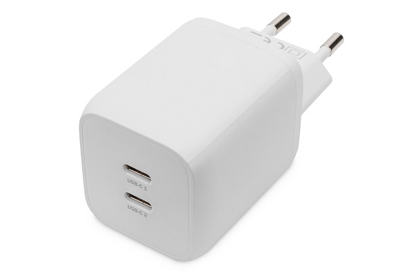 DIGITUS Miniaturní nabíječka USB-C, 2portová, 65W 2x USB-C, 45W+20W, bílá.