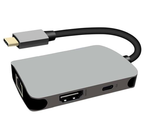 PremiumCord USB-C na HDMI + RJ45 + PD adaptér, hliníkové pouzdro