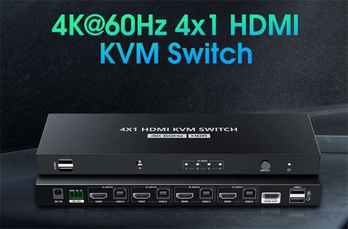 PremiumCord 4K@60Hz HDMI2.0 KVM switch 4:1 s dálkovým ovladačem