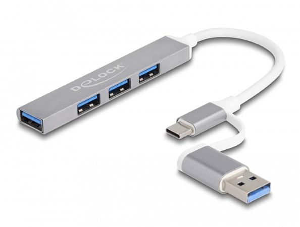Delock 4 portový tenký USB Hub s USB Type-C™ nebo USB Typu-A na 3 x USB 2.0 Typ-