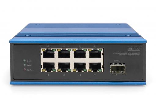 DIGITUS Industrial 8+1 Port Fast Ethernet Switch Unmanaged, 8 RJ45 Ports 10/100