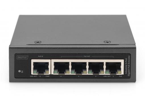 DIGITUS Industrial 5-Port Gigabit PoE Extender 1-Port 802.3bt PoE to 4-port 802.