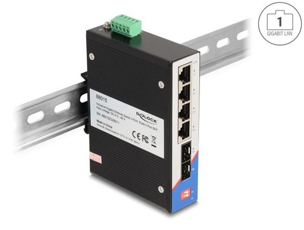 Delock Průmyslový přepínač sítě Gigabit Ethernet se 4 porty RJ45 a 2 porty SFP,