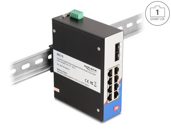 Delock Průmyslový přepínač sítě Gigabit Ethernet se 8 porty RJ45 a 2 porty SFP,