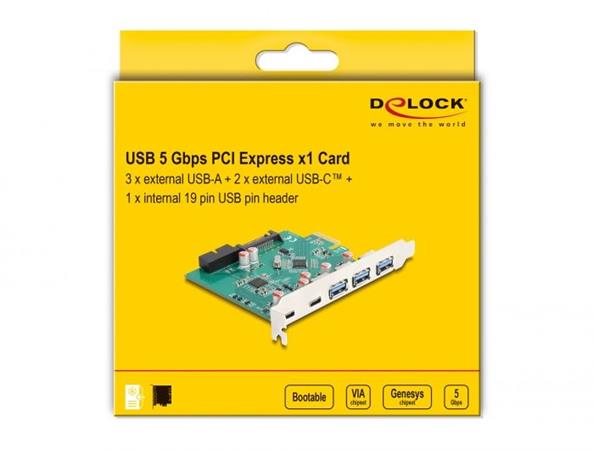 Delock Karta PCI Express x1 USB 5 Gbps na 3 x externí Typu-A + 2 x externí zásuv