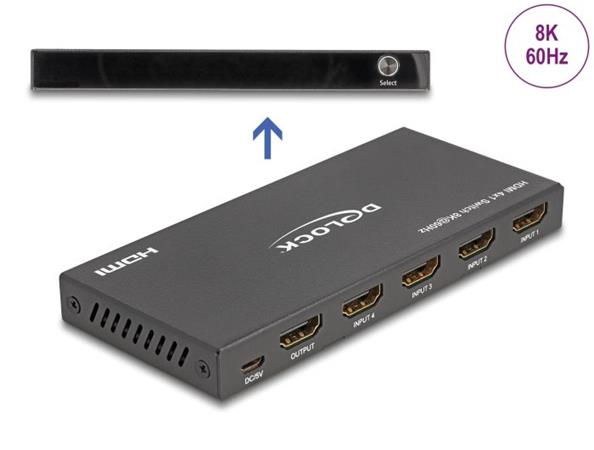 Delock HDMI Switch 4 x vstupní porty HDMI na 1 x výstupní port HDMI, 8K 60 Hz