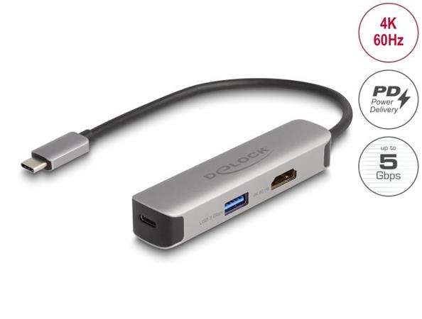 Delock Adaptér USB Type-C™ na HDMI 4K, 60 Hz, s PD USB Typu-A a USB Type-C™ Data