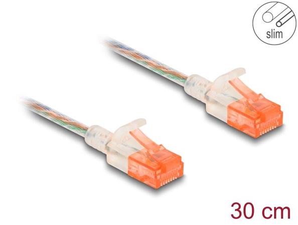 Delock Síťový kabel RJ45, Cat.6A, U/UTP, tenký, 0,3 m, transparentní