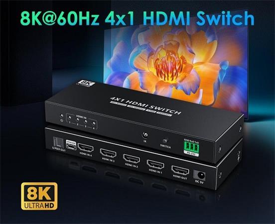 PremiumCord HDMI switch 4:1 s podporou rozlišení 8K@60Hz,4K@120Hz, 1080P, HDR, s