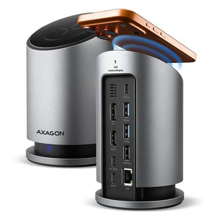 AXAGON HMC-WL9, USB 10Gbps hub s Qi, 3x USB-A, USB-C, HDMI & DP 4k/60Hz, RJ-45 G